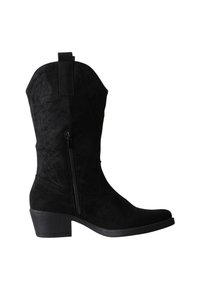 Botín de ante negro con tacón bajo en bloque, cierre de cremallera y patrón de estrellas en relieve en el caño. Textura suave en toda su superficie.