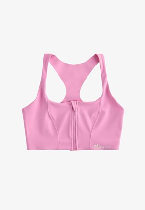 Roosa spordirinnahoidja, mis on valmistatud venivast kangast, esiküljel lukk, paksud õlapaelad ja sile tekstuur. Alumises paremas servas on trükitud logo.