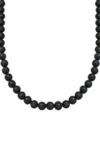 Necklace od crnih lava kamenčića sa okruglim perlama s teksturiranom površinom. Svaka perla je jednake veličine i oblika, stvarajući kontinuirani dizajn.