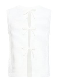 Haut en maille blanc sans manches avec texture côtelée et trois nœuds noués alignés verticalement le long de l'ouverture du dos.