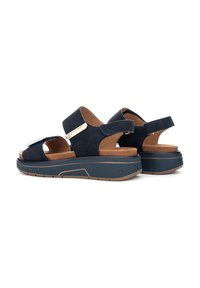 Navy-Suede-Sandalen mit dicker Plateau-Sohle, ausgestattet mit einem Gold-Akzent und einem verstellbaren Riemen für einen sicheren Sitz.