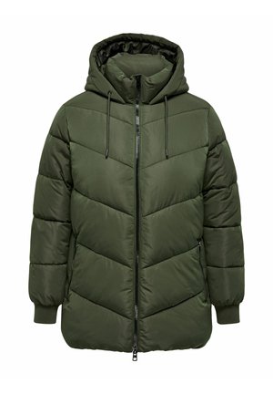 Roheline puffjakki, millel on chevron-muster, kapuuts, lukuga sulgemine ja elastsed mansetid. Valmistatud kergest, veekindlast materjalist.