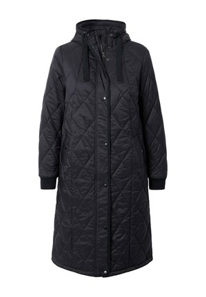 Cappotto lungo nero trapuntato con cappuccio, dotato di chiusura con zip, bottoni a pressione e polsini a costine. Motivo testurizzato su tutta la superficie.