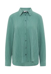 Camicia verde a maniche lunghe con bottoni, in tessuto texturizzato, colletto e sei bottoni sulla parte frontale, con orlo curvo e vestibilità rilassata.