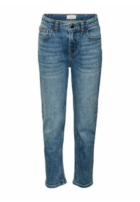 Ljust blå denimjeans med klassisk passform, raka ben, fem fickor och en knappstängning, med subtila blekningar och kontrasterande sömmar.