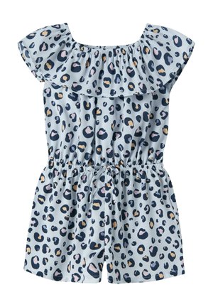 Lyseblå børneheldragt med elastisk talje og flæsebesat skulderfri halsudskæring, prydet med et marineblåt og ferskenfarvet leopardprint.