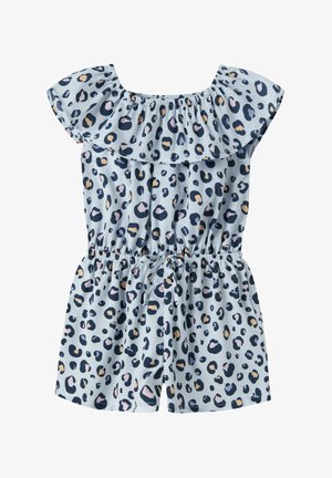 Lyseblå børneheldragt med elastisk talje og flæsebesat skulderfri halsudskæring, prydet med et marineblåt og ferskenfarvet leopardprint.