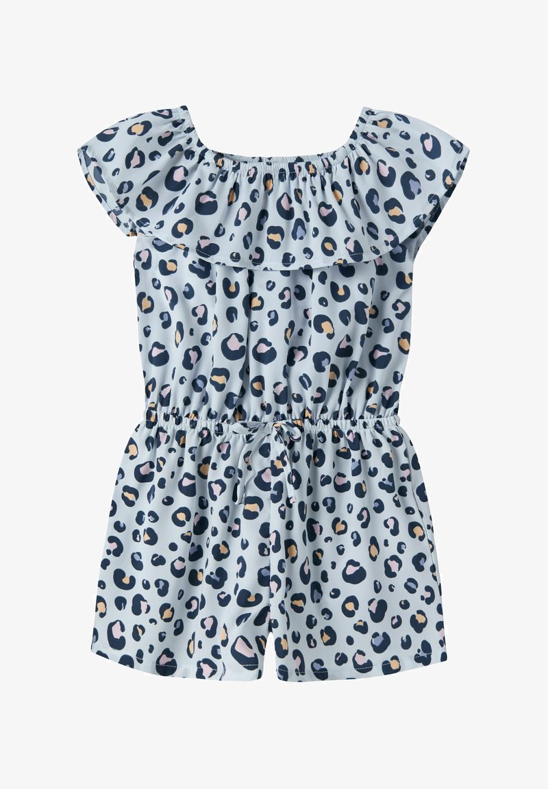 Combinaison pour enfants bleu clair avec taille élastique et encolure volantée décolletée, ornée d'un imprimé léopard marine et pêche.