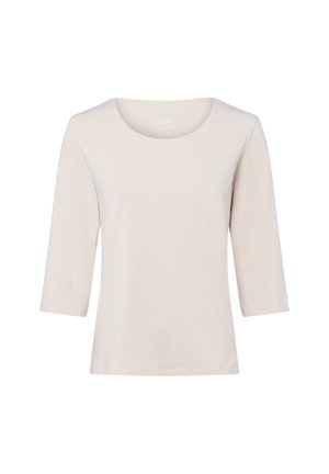Hellbeige Langarm-T-Shirt mit rundem Halsausschnitt und normalem Schnitt, aus weichem Baumwollmaterial gefertigt, ohne Muster oder Akzente.