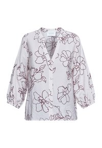 Lys pink bluse med V-udskæring, 3/4 ballonærmer og blomstret kanttryk i mørkerød. Har knaplukning og struktureret stof.