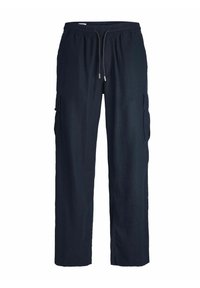 Pantalons cargo navy en tissu léger, avec une ceinture élastique et un cordon de serrage, ainsi que deux poches cargo latérales.