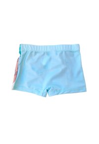 Shorts de bain bleu clair en matériau extensible. Présente un devant uni, avec un imprimé coloré sur le côté gauche. Taille élastique incluse.