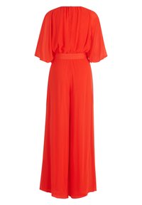 Röd, flödande jumpsuit med vida ben, korta, fladdrande ärmar och midja som kan knytas. Gjord av lättviktigt tyg, med rund halsringning och en mjuk textur.