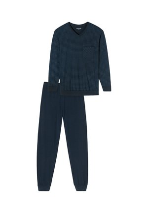 Conjunto de pijama azul marinho com um top de mangas longas em V e padrão xadrez, e calças elásticas combinadas com punhos.