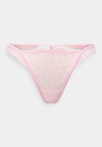 Ροζ στρινγκ με σχεδιασμό από διαμάντι δίχτυ, διακοσμημένο με καρδιές, σατέν μπορντούρα και άκρη από δαντέλα με κυματιστό μοτίβο στη μέση.