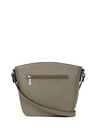 Borsa a tracolla in pelle khaki con una forma curva, dotata di una tasca frontale con zip, tracolla regolabile e una superficie leggermente texture.