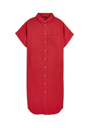 Czerwona, krótko rękawowa sukienka koszulowa z lekkiego materiału, z zapięciem na guziki z przodu, kołnierzykiem i jedną kieszenią z przodu. Półokrągły dół.