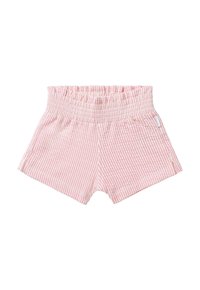 Shorts roses et blancs à rayures, avec taille élastique et texture douce, présentant une couture latérale discrète pour une touche de détail.