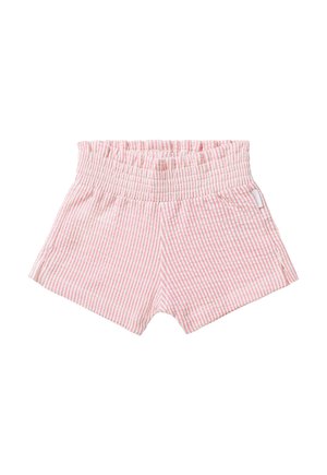 Shorts roses et blancs à rayures, avec taille élastique et texture douce, présentant une couture latérale discrète pour une touche de détail.
