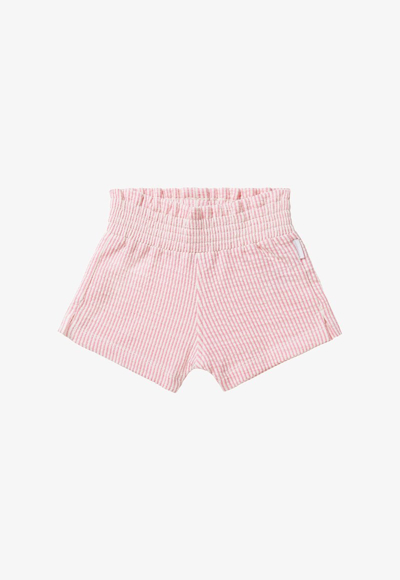 Elastische taille shorts in roze en witte strepen met een zachte textuur, voorzien van een subtiele zijnaad voor extra detail.