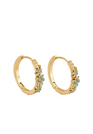 Kuldsetest rõngakujulistest kõrvarõngastest, millel on väikesed sinised lillekujud ja tillukesed läbipaistvad pärlid väliskülje kaunistuseks.