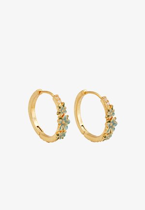 Kuldsetest rõngakujulistest kõrvarõngastest, millel on väikesed sinised lillekujud ja tillukesed läbipaistvad pärlid väliskülje kaunistuseks.