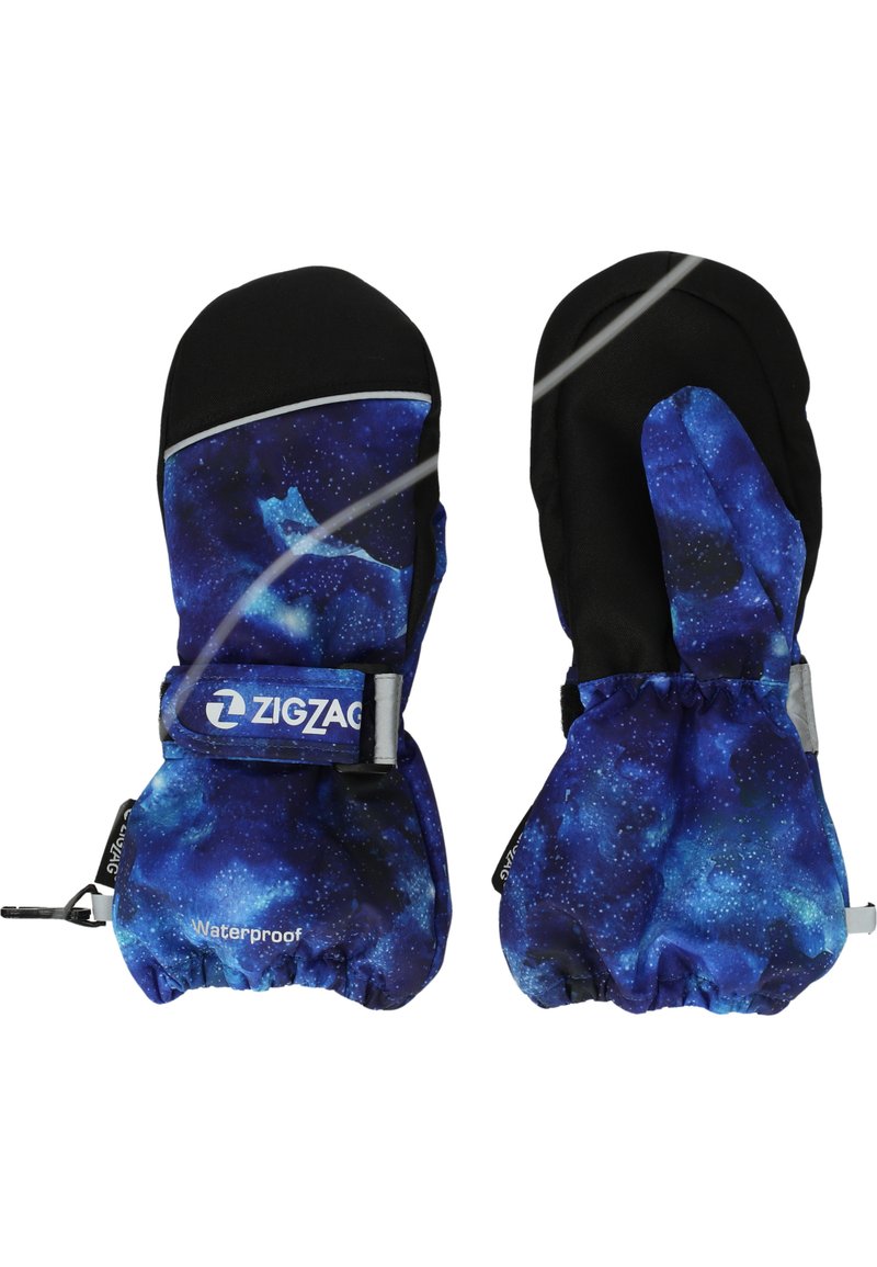 Wasserdichte Fäustlinge mit einem Galaxie-Motiv in Blau und Schwarz, elastischen Bündchen und einem Logo-Riemen für einen sicheren Sitz. Weiche Textur.