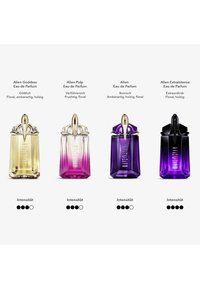 Fire Alien-duftflasker i gult, pink, lilla og sort-lilla med florale, ravagtige og træagtige duftbeskrivelser samt intensitetsvurderinger.