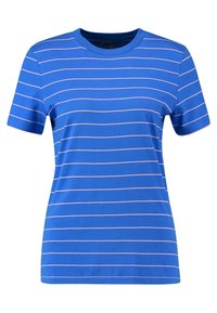 Niebieska koszulka z krótkim rękawem wykonana z miękkiego materiału, z równomiernie rozmieszczonymi różowymi paskami poziomymi, okrągłym dekoltem i regularnym krojem.