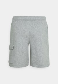 Gray athletic shorts made of soft fabric, featuring a side cargo pocket, elastic waistband, and a straight leg design.
