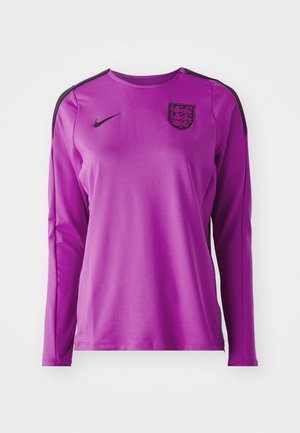Long-sleeve purple sports shirt made of synthetic material, featuring a black Nike logo and England crest on the chest, with black accents on shoulders.