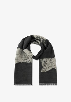 Zwarte sjaal met kattenillustraties in een lichte grijstint. Gemaakt van zachte stof met franjes, die gedetailleerde kattenontwerpen toont.