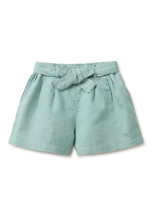Jasnozielone szorty z wysokim stanem i materiałowym paskiem zawiązanym z przodu na kokardę, wykonane z lekkiego lnu.