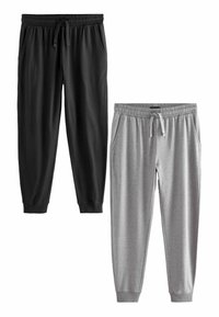 Pantaloni de trening negri și gri, cu talie elastică, buzunare laterale, picioare conice și margini manșonate; confecționați dintr-un material moale și elastic.