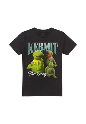 Schwarzes T-Shirt mit drei Bildern von Kermit dem Frosch und dem Text "KERMIT The Frog" in grüner und weißer Schrift.