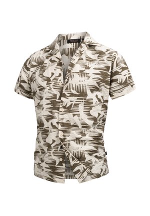 Short-sleeve shirt with a button-front design in a cream color featuring an abstract brown pattern and textured fabric.