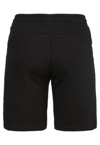 Schwarze Baumwollshorts mit einem elastischen Bund, die eine glatte Textur aufweisen und keine sichtbaren Muster oder Beschläge haben. Standard-Schnittlänge.
