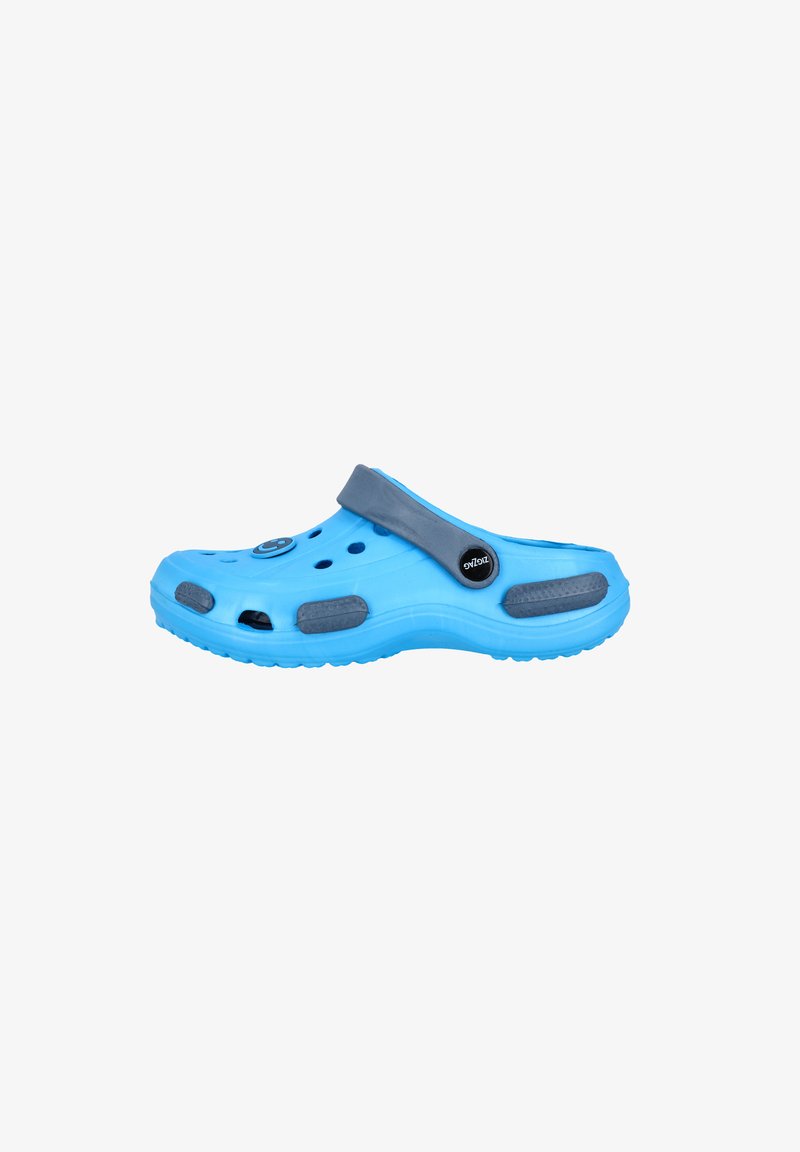 Blauwe EVA klomp met een grijze band, ventilatiegaten, gestructureerde zool en logo-detail, ontworpen voor comfort en gemak van het dragen.