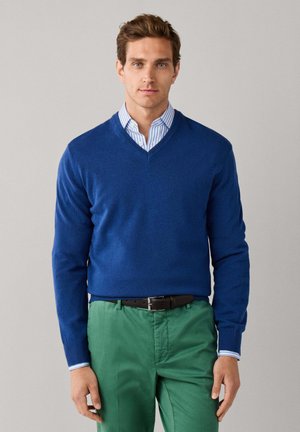 Man met lichtbruin haar die een blauwe V-hals trui draagt over een gestreept overhemd en groene broek met een zwarte riem, staand tegen een effen achtergrond.