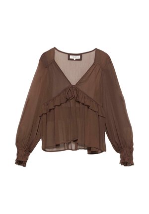 Hnedá polopriesvitná blúzka s dlhými nadýchanými rukávmi, volánikovým detailom vpredu, zaväzovaním na výstrihu do V a elastickými manžetami.