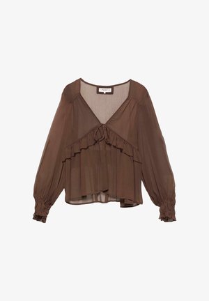 Bluza maro semitransparentă cu mâneci lungi umflate, detaliu cu volane în față, închidere cu panglică la decolteu în V și mansete elastice.