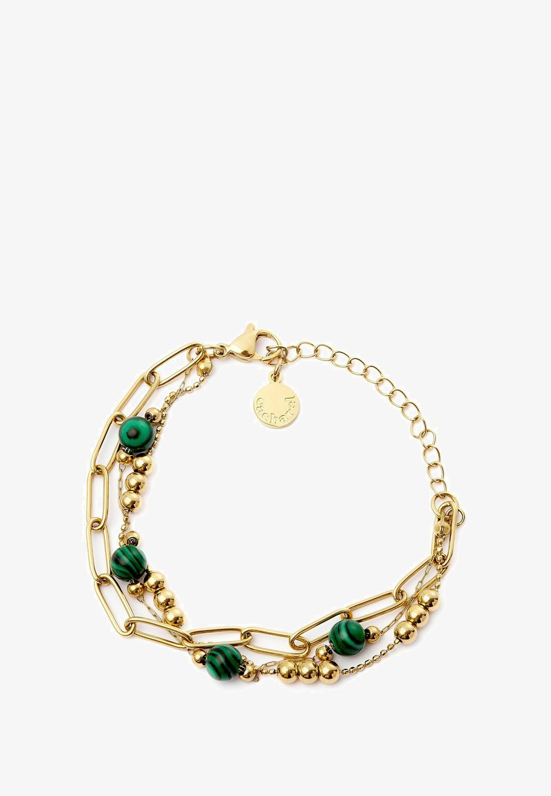 Kultaketjua, jossa on vuorotellen vihreisiä raidoitettuja helmiä ja pyöreitä kultaisia koruja, viimeistelty hummerilukolla ja logotarralla.