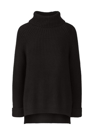 Suéter negro de punto con cuello alto, textura acanalada, mangas largas y un corte relajado. Presenta un cuello alto y un bajo trasero ligeramente más largo.