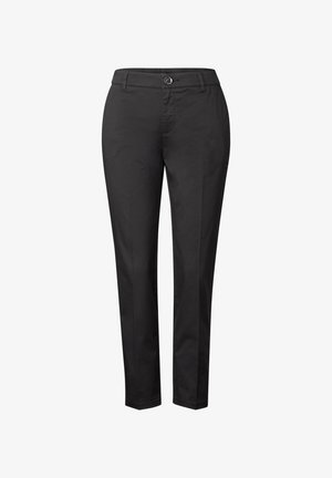 Pantaloni neri realizzati in tessuto liscio, con chiusura a bottone, tasche frontali e design su misura, svasato.