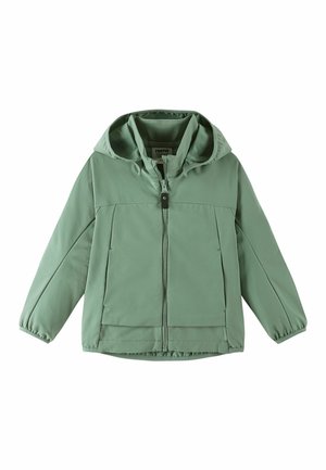 Grüne Kinder-Kapuzensweatjacke mit Frontreißverschluss und elastischen Bündchen, gefertigt aus weichem Stoff.