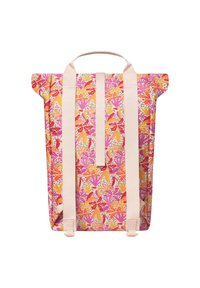 Rucksack mit einem bunten Blumenmuster in Pink, Orange und Gelb. Verfügt über zwei weiße Träger und ein Rolltop-Design zum Verschließen.