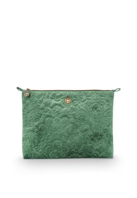 Green velvet pouch with intricate floral embroidery, zip closure, rounded edges, and a decorative metal accent on the front.