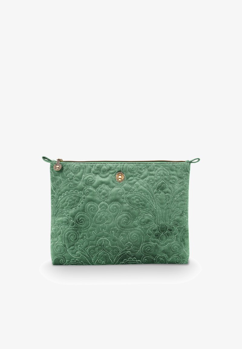 Green velvet pouch with intricate floral embroidery, zip closure, rounded edges, and a decorative metal accent on the front.