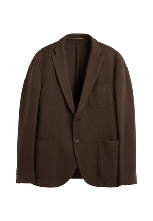 Bruine enkelrijige blazer met twee knopen, inkeping rever en drie opgestikte zakken, afgebeeld op een witte achtergrond.