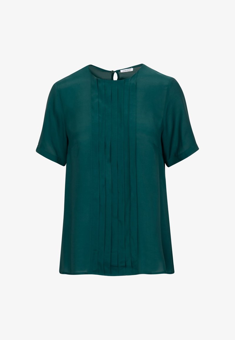 Tyrkysová blůza s krátkými rukávy, kulatým výstřihem a zapínáním na knoflík na zádech. Obsahuje vertikální sklady na přední straně pro texturu a styl.